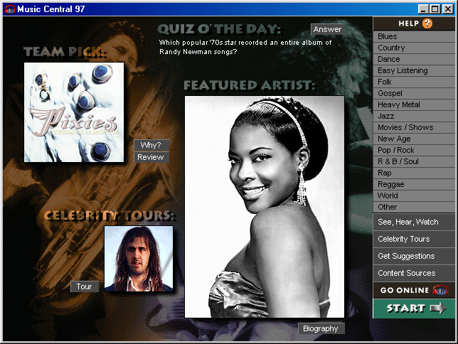 Microsoft Music Central 97 Home Screen (1997)